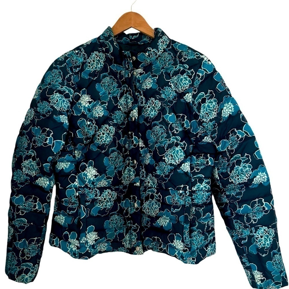 Lands’End Women’s Sz M 10-12 Down Filled Puffer Jacket Blue Floral Feathers